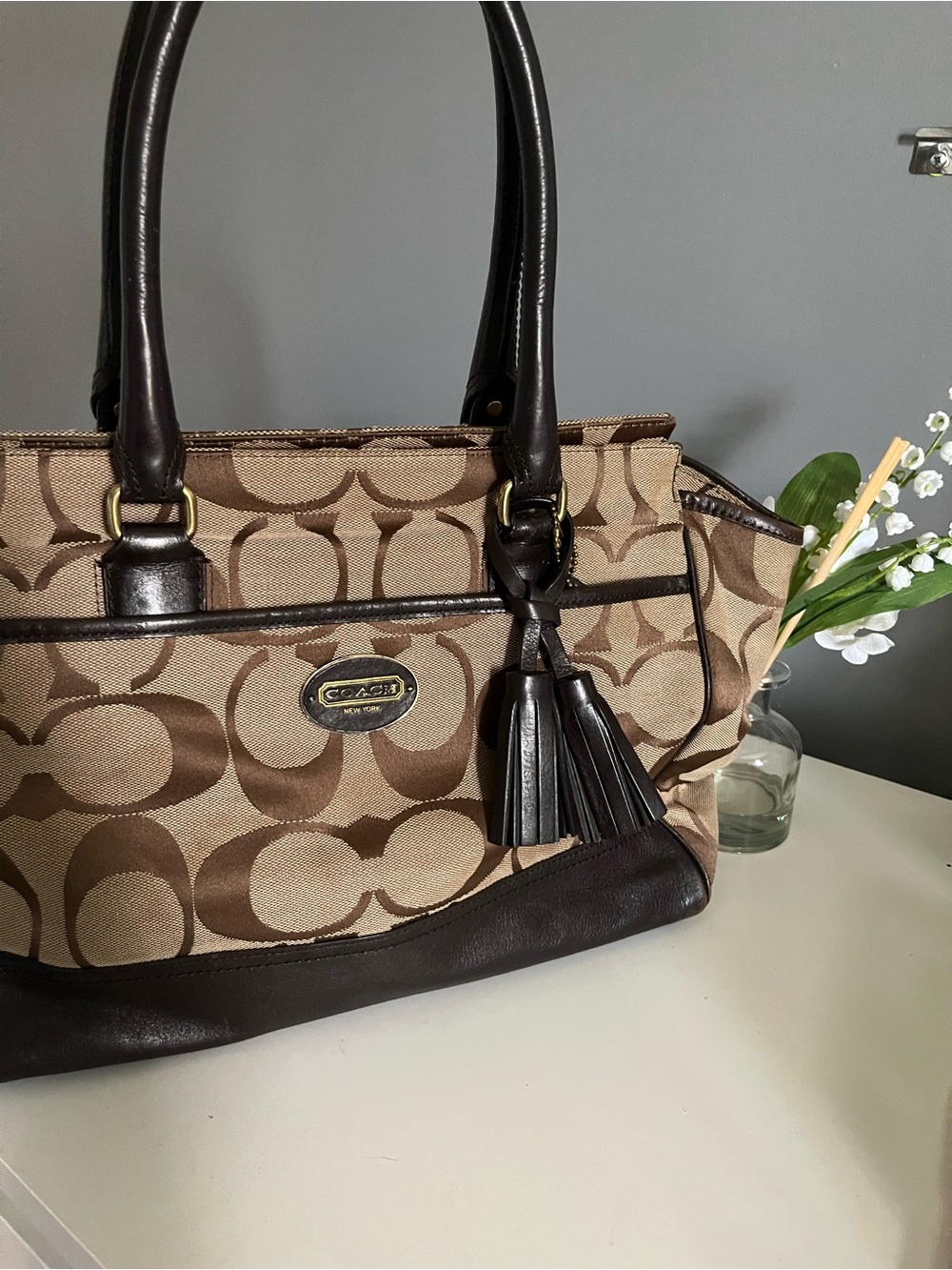 Y2K Coach Beige & Brown Signature Canvas Tote w/ Tassle (Authentic)